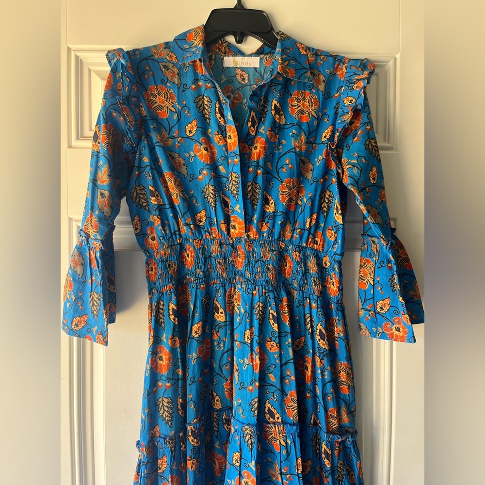 BINDU 100% cotton paula tiered maxi dress in cobalt blue size small women’s - Picture 2 of 8